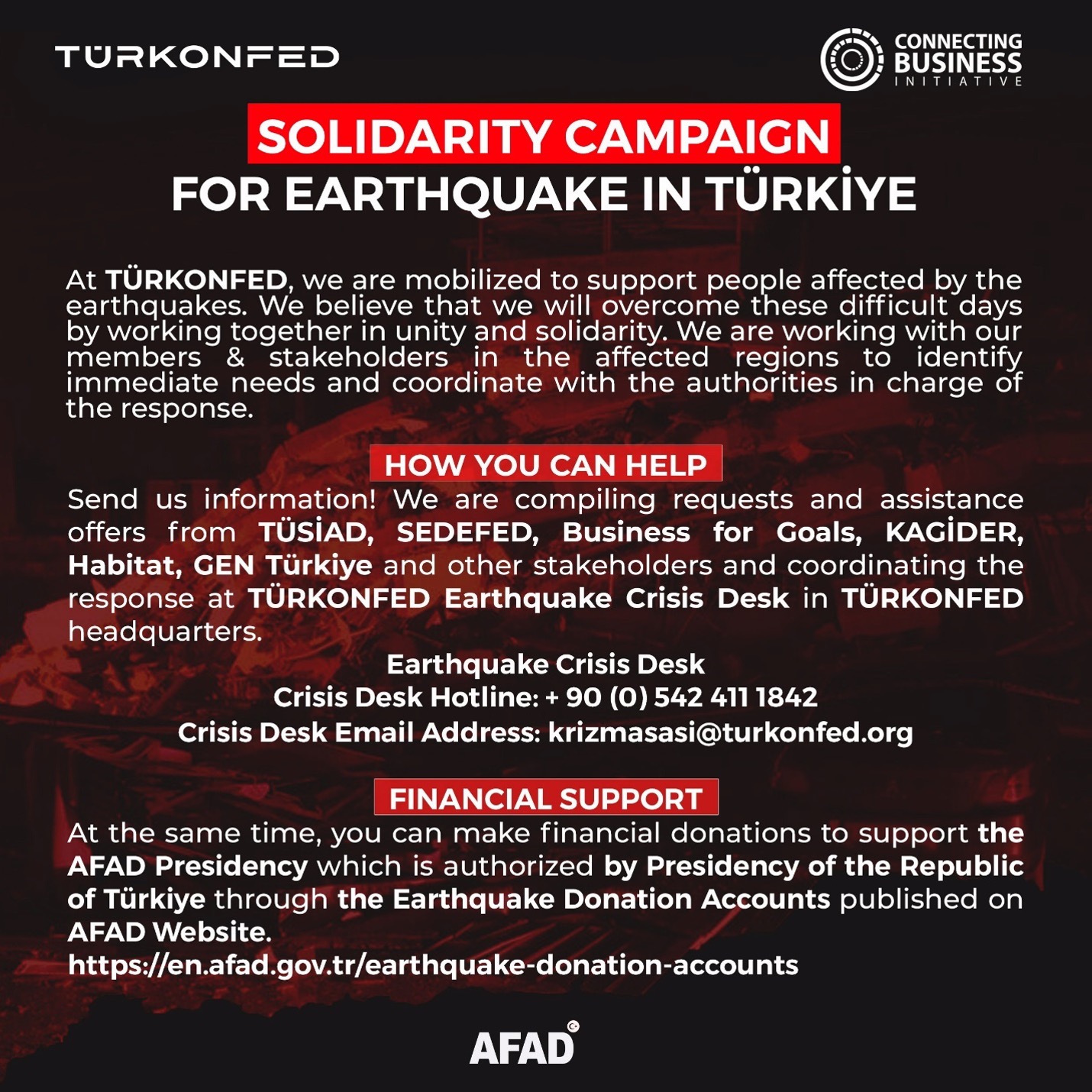 Call to donation shared by CBi Türkiye to support the Government-led call for solidarity.