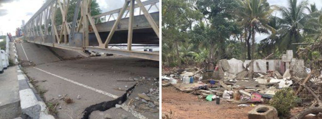 A bridge along the A12 road had collapsed and a temporary bridge has been installed to facilitate access (left) and homes reduced to rubble in the aftermath of Cyclone Ditwah (right). Photo: APAD SL
