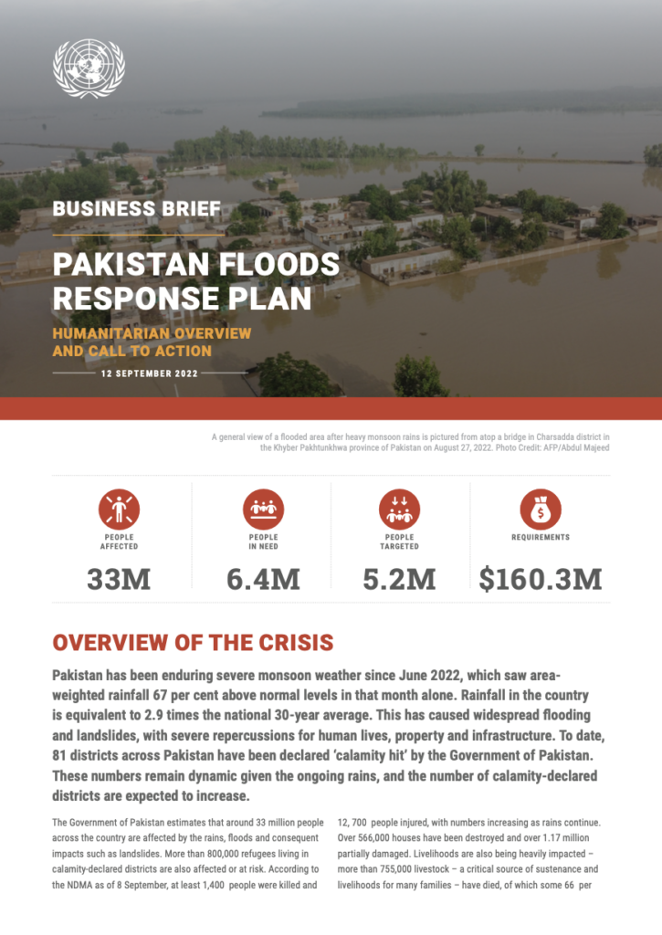 OCHA Business Brief: Humanitarian Overview and Call to Action - Pakistan Floods Response Plan