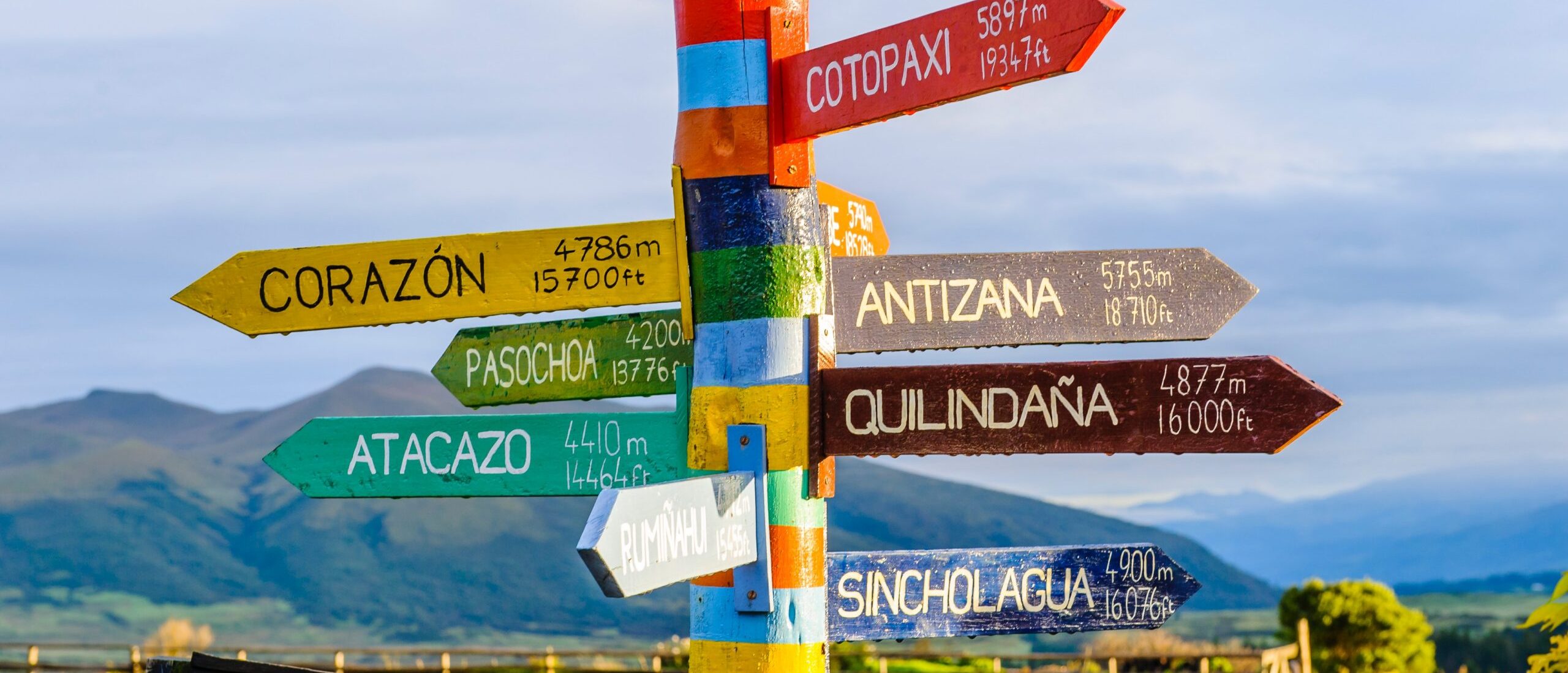 A colorful sign points to different places in Ecuador such as Atacazo, Cotopaxi, and more.