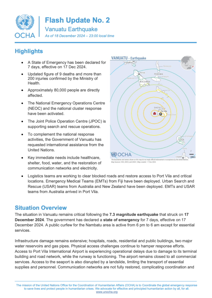 Vanuatu Earthquake: Flash Update No. 2, As of 18 December 2024 – 23:00 local time