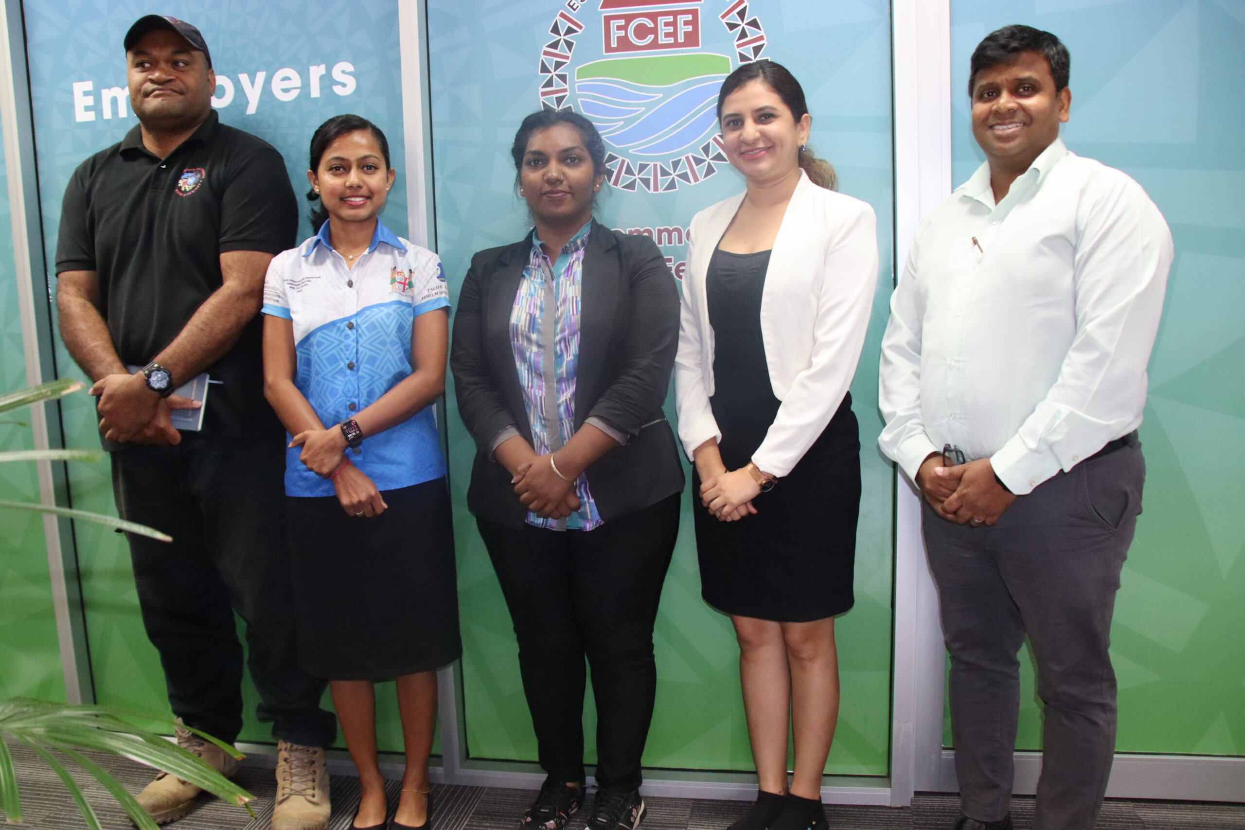 The NDRMO team - Napolioni Boseiwaqa, Prishika Nadan, Shaya Malini, with the FCEF FBDRC team - Pricilla Ram and FBDRC chairman Karunesh Rao, who supported the development of the Fiji National Disaster Management Act that recognizes FBDRC. Photo: FBDRC