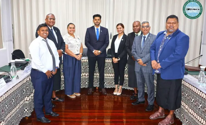 The FBDRC and FCEF representative with the Parliament Standing Committee on Foreign Affairs and Defense, following the presentation of a written submission in support of the Pacific Resilience Facility. Photo: Fiji Parliament